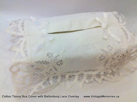 Cotton Tissue Box Cover with Battenburg Lace Overlay