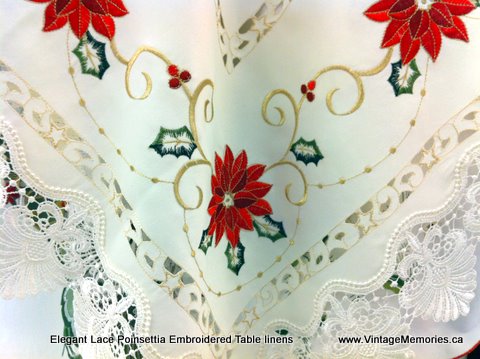 Elegant Lace Poinsettia Embroidered Table linens