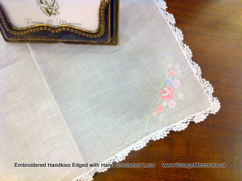 Embroidered Handkerchief Edged with Hand Crocheted Lace